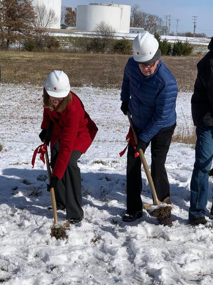 Groundbreaking ceremony closeup Mel West Founder & Danielle Harrison board chair dig first dirt Nov 13 2019